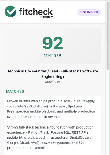 FitCheck Chrome extension showing job fit score and match analysis