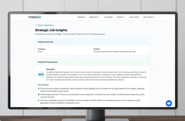 ReApply AI career platform showing Strategic Job Insights with 92% fit assessment score and key strengths analysis